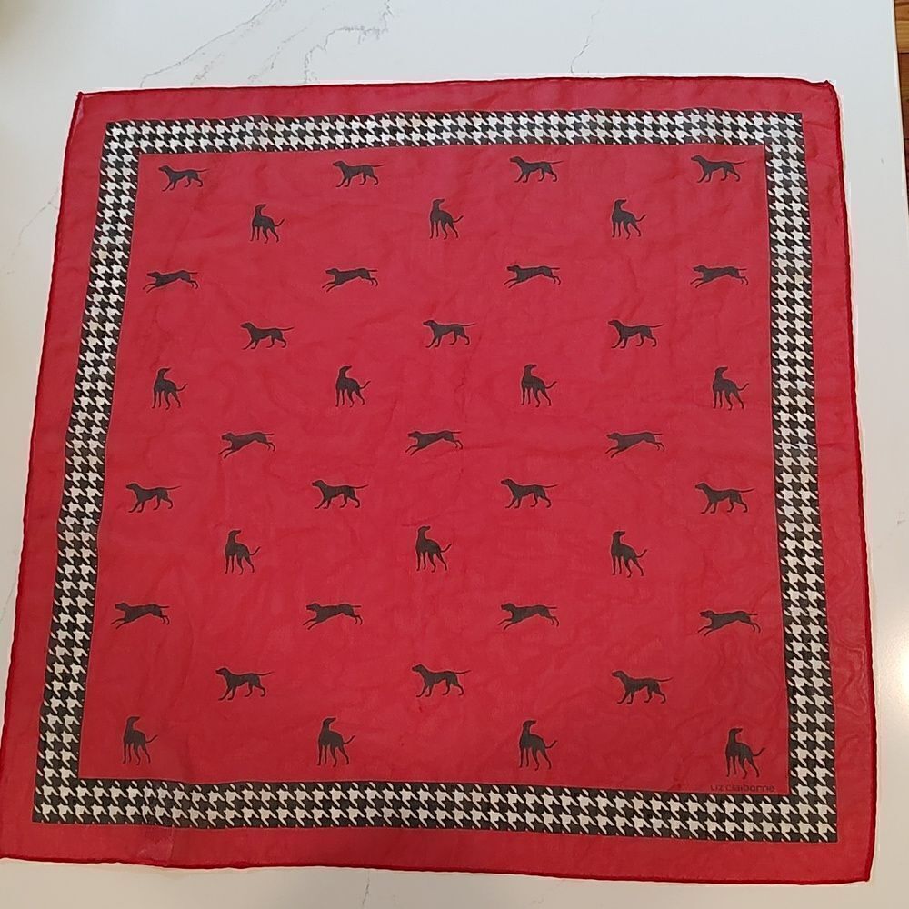 Liz Claiborne Square Novelty Dog Print Red Scarf with Herringbone Trim